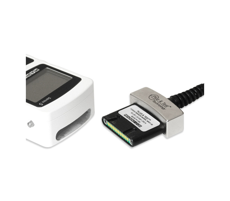 La exclusiva tecnología Plug & Test® permite utilizar sensores intercambiables con un indicador Mark-10. Todos los datos de calibrado y configuración se guardan en el conector inteligente.
