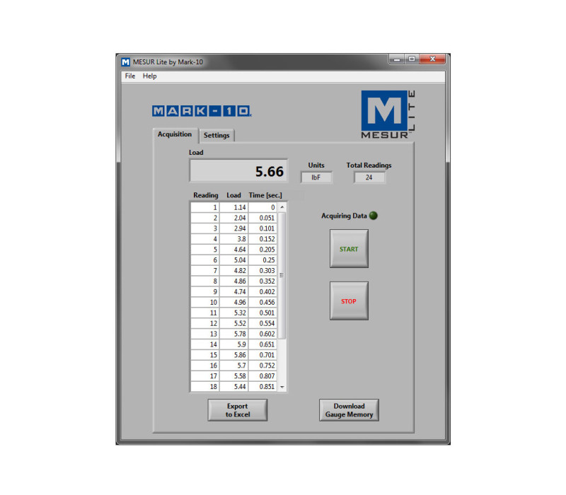 MESUR® Lite es un programa básico gratuito de recogida de datos que tabula los datos continuos o puntuales de un manómetro.